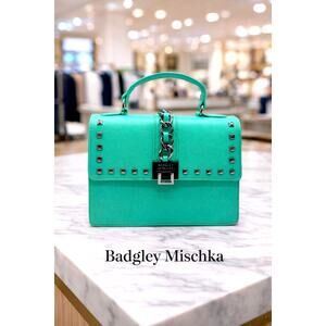 Badgley Mischka Satchel Top Handle Logo Studded Bag W/Chain Teal